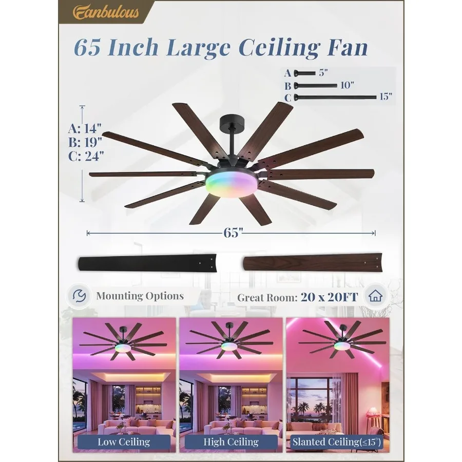 مراوح سقف RGB مقاس 65 بوصة مع أضواء ومروحة سقف سوداء خارجية عن بعد مع 10 شفرات مصباح LED 32 وات 3 CCT 6 سرعات قابلة للعكس #5
