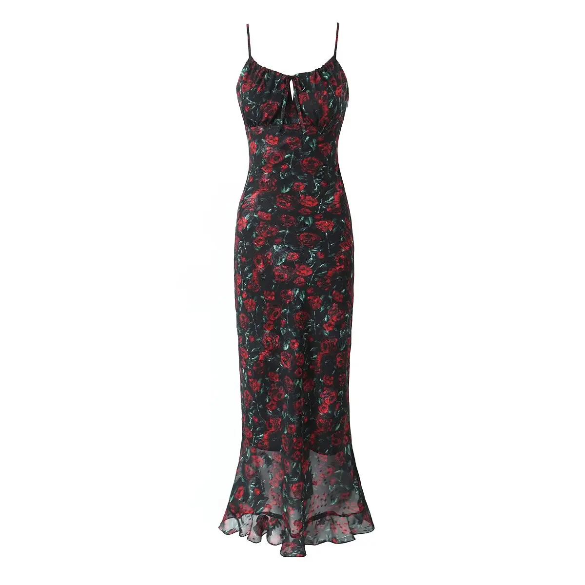Abiti estivi da donna elegante sexy rosa rossa floreale Cami abito longuette stampa floreale abito a canotta abito lungo senza maniche cravatta frontale
