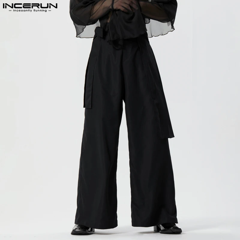 

INCERUN Men Irregular Pants Solid Pleated Joggers Streetwear Trousers Men 2023 Button Lace Up Fashion Casual Long Pants S-5XL