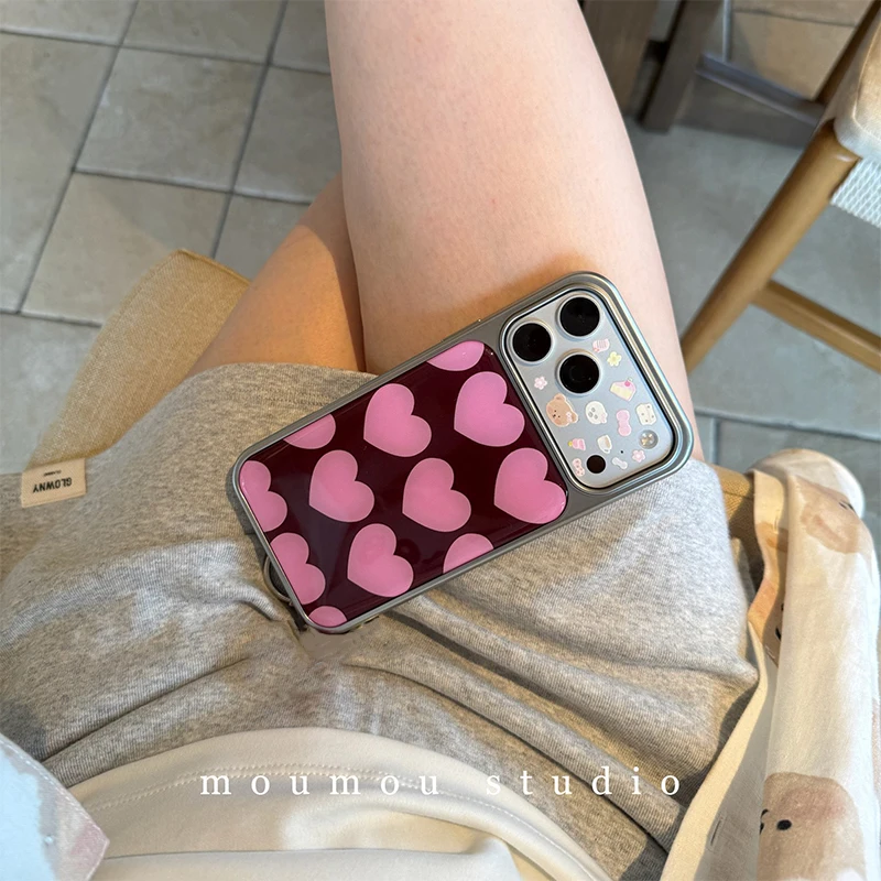 Korean Ins Pink Love Heart Design Electroplated Drip Glue Phone Case For iPhone Ultra 18 Pro Max 17 16 15 14 13 12 11 Back Cover