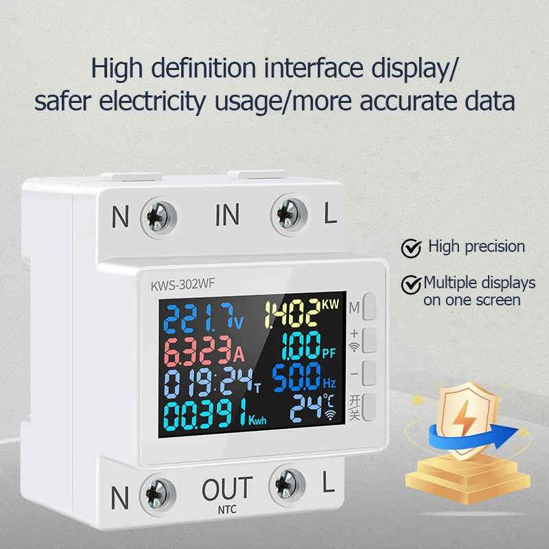 170-270V/63A Power Meter 8in1 Color Screen Multi-function AC Energy Power Voltmeter Voltage Amps Watt Kwh Meter Remotely Control