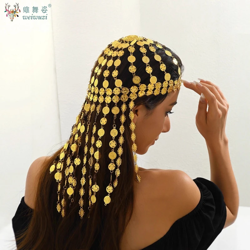 Belly Dancing Performance Headwear Handmade Coins Head Gold Hat for Women's Oriental Dance Stage Competition Headgear Accessory