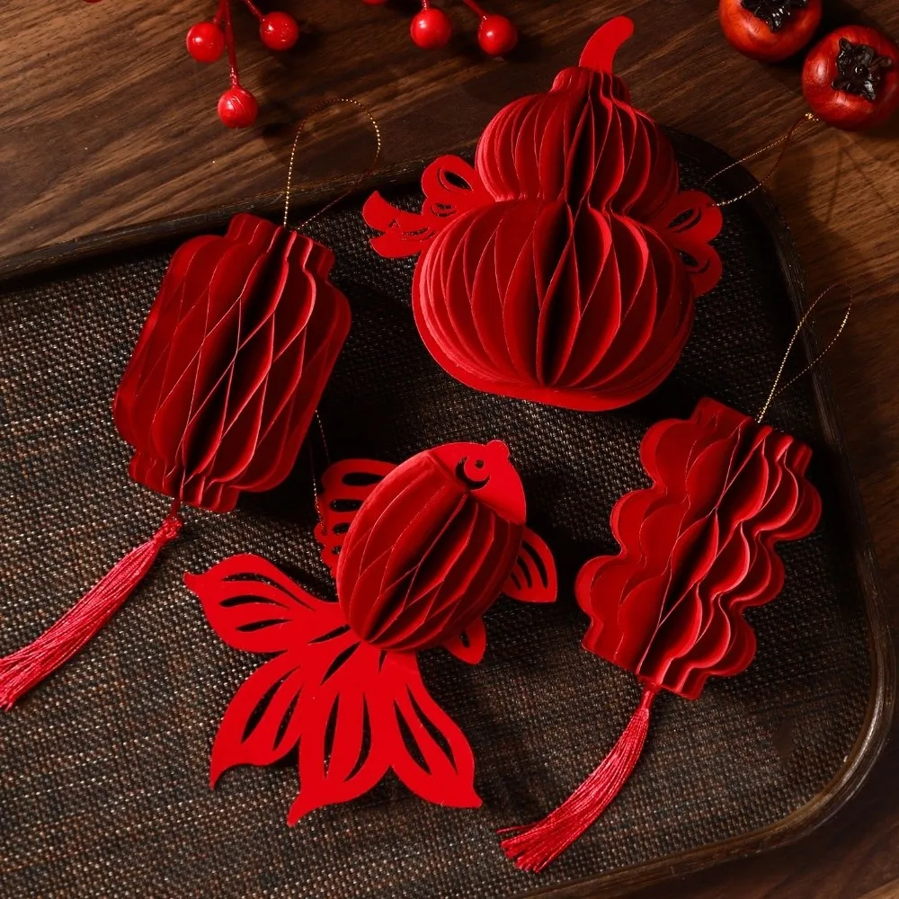 Hanging Red Chinese New Year Decoration Small Chinese Knot Honeycomb Lantern Koi Gourds Shape 3D Felt Pendant Home Decoration