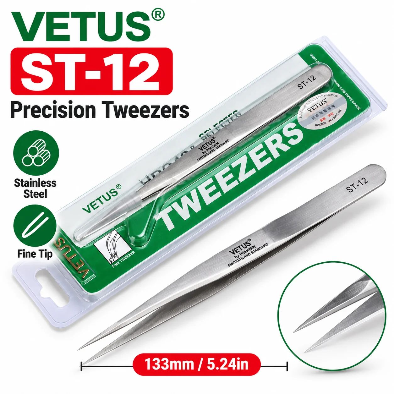 1 Stück Vetus Edelstahl-Pinzette Elektronik HRC-40 Präzisions-DIY-Pinzette Handwerkzeuge ST-12 – Detail 6