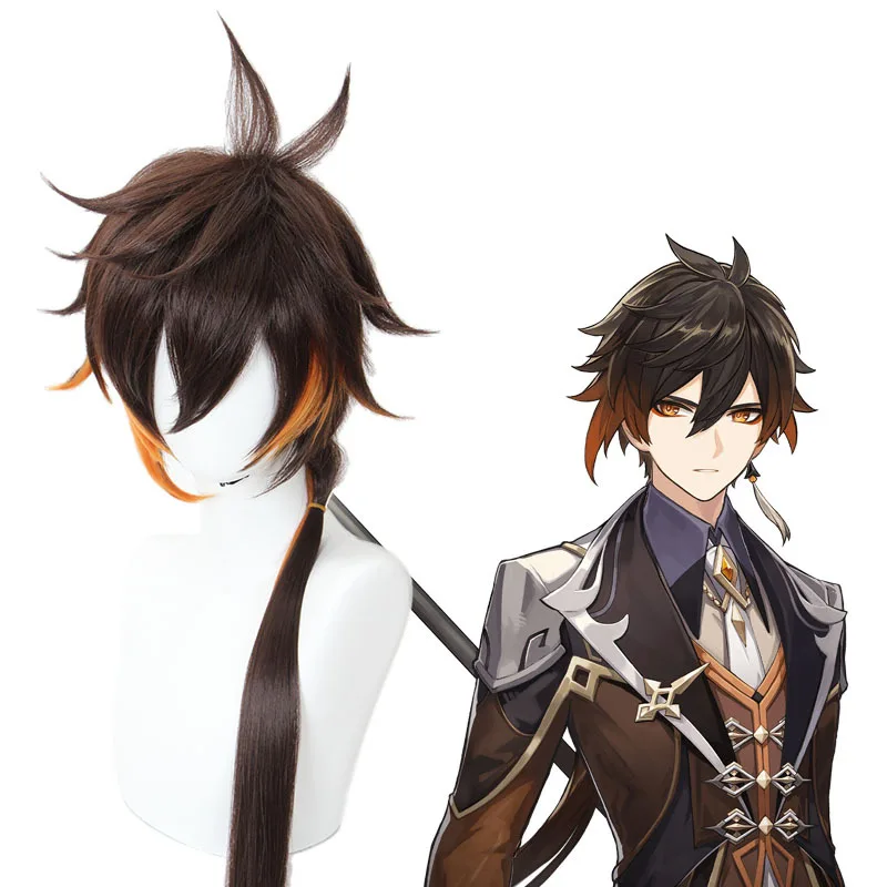 Xiu Dan Genshin Impact Zhongli Cosplay peluca marrón a naranja gradiente 90cm juego pelo 466A