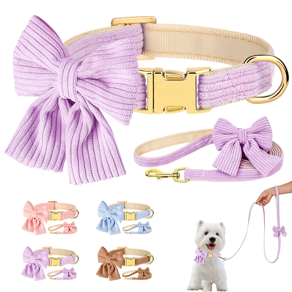 Dog Collar Leash Set Cute Bowknot Puppy Dog Collars Walking Lead Rope Soft Velvet Pet Necklace Leashes  For Small Medium Dogs