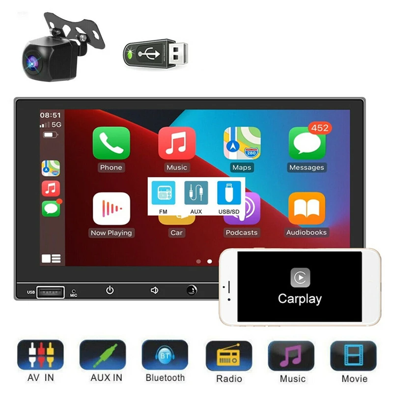 

7" 2 Din Car Multimedia Player Stereo Bluetooth Touch Screen Stereo Autoradio Carplay Auto Player MP5 Radio+Reversing Backup Cam