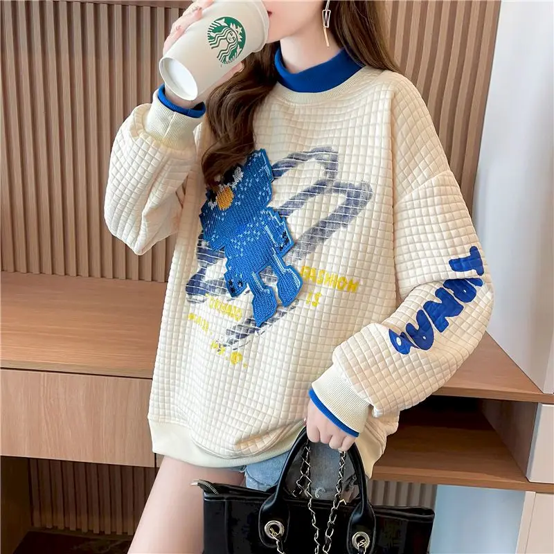 Mode Gefälschte Zwei-stück Pullover Frauen Frühling Herbst Trend Lose Beiläufige Top Harajuku Design Waffel Sweatshirt Frau Y2k Pullover