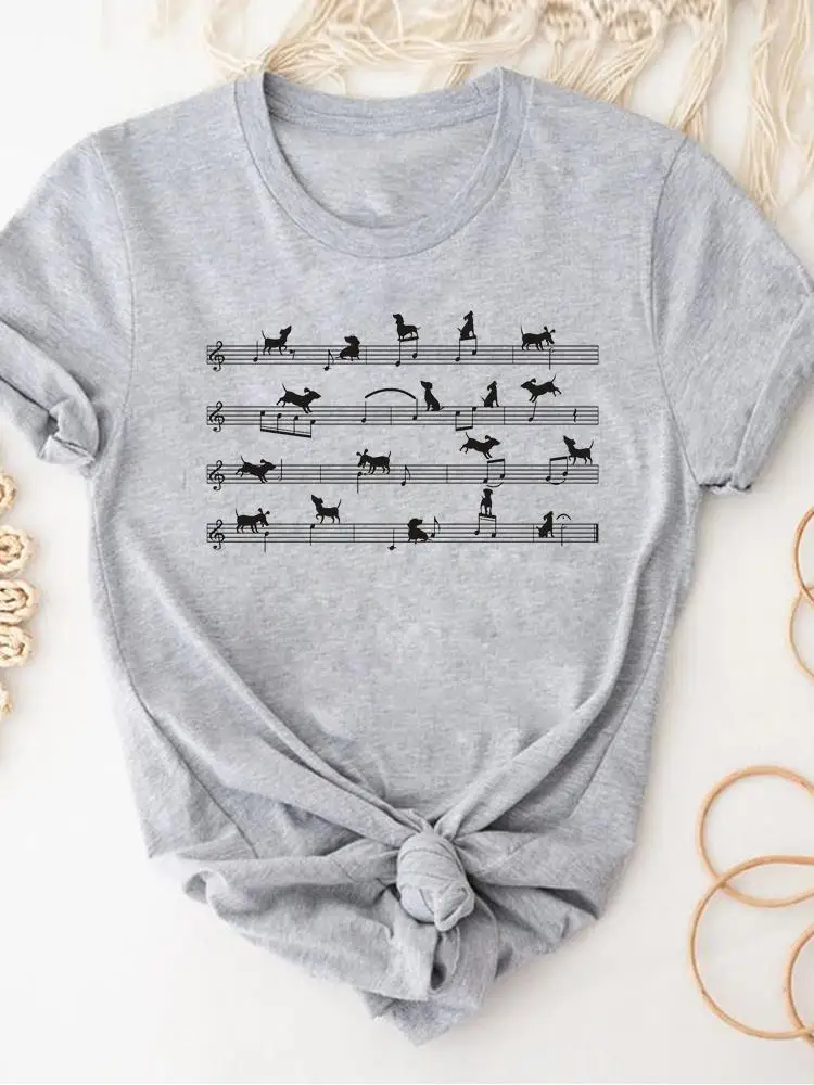 Women's Short-sleeved Printed T-shirt, Summer Clothing, Cute Dog and Animal Design, Gray Basic T-shirt, Fashionable Graphic Tee.