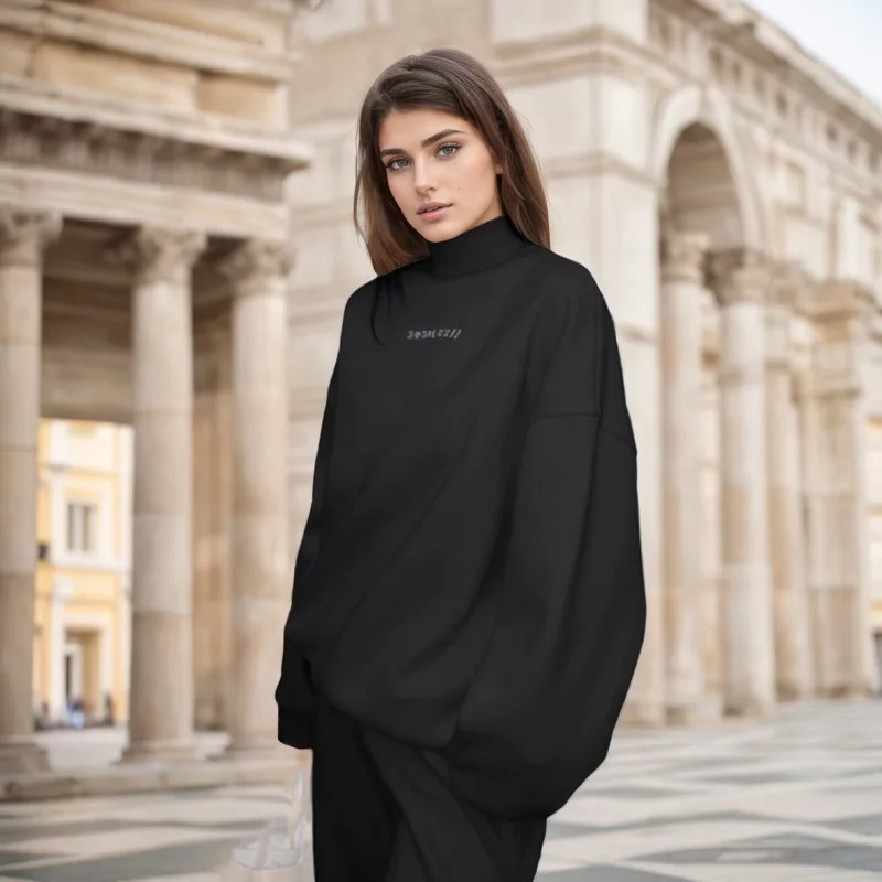 Half-high Collar Long Sleeve Letter Printed Sweater High Waist Casual Shorts Autumn European and American Fashion suit Women