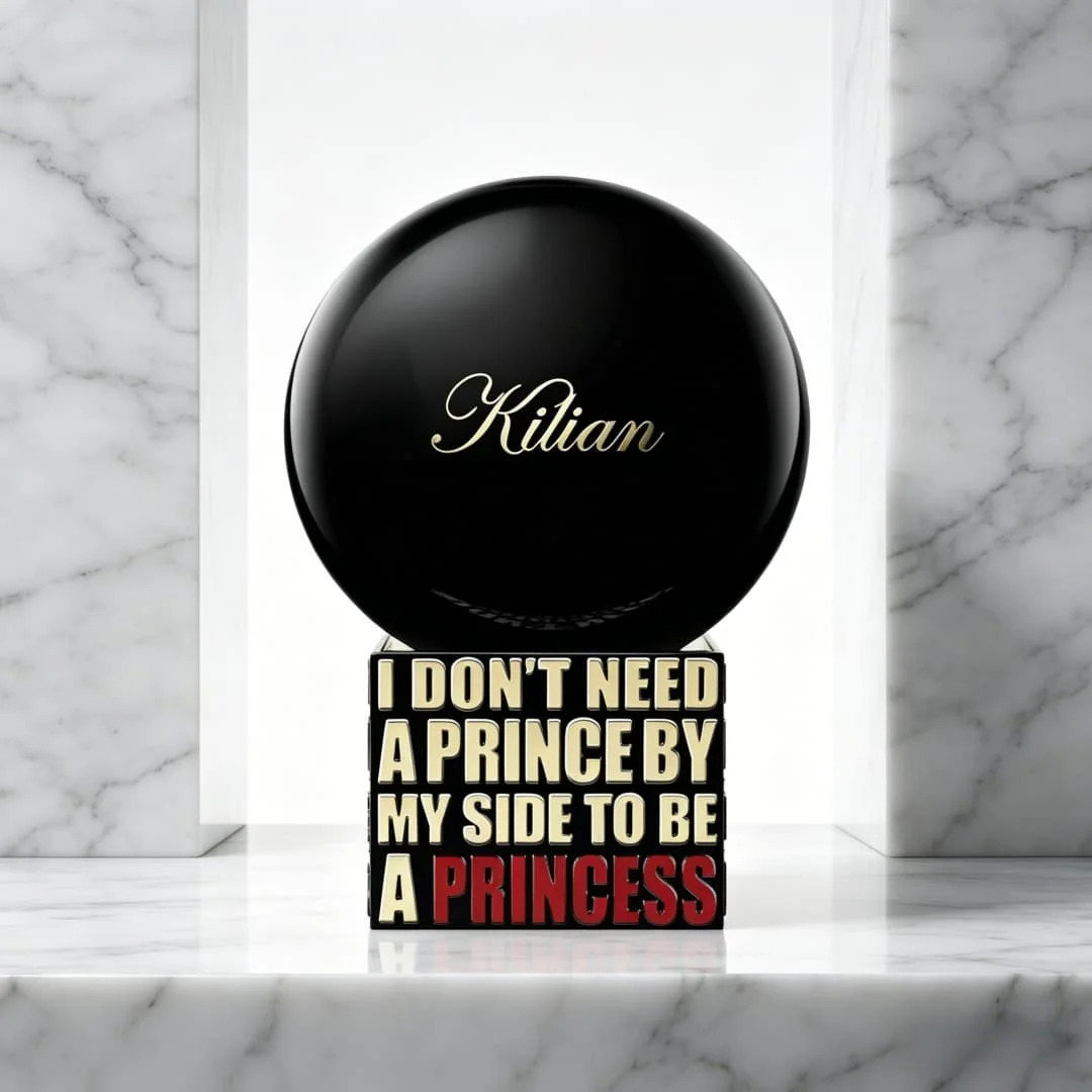 

Kilian Princess Eau de Parfum Iconic Statement Design: The bottle is crowned with a glossy black sphere, set on a base engraved