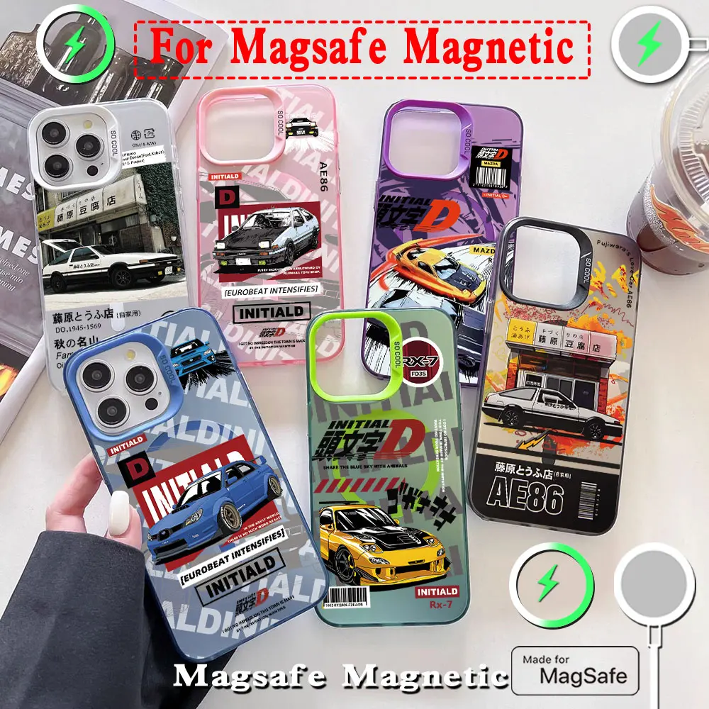 Hot Anime Initial D AE86 Magsafe Magnetic Case for iPhone 11 12 13 14 15 16 Pro Max Plus Soft Silver Plated Anti Fall Cover