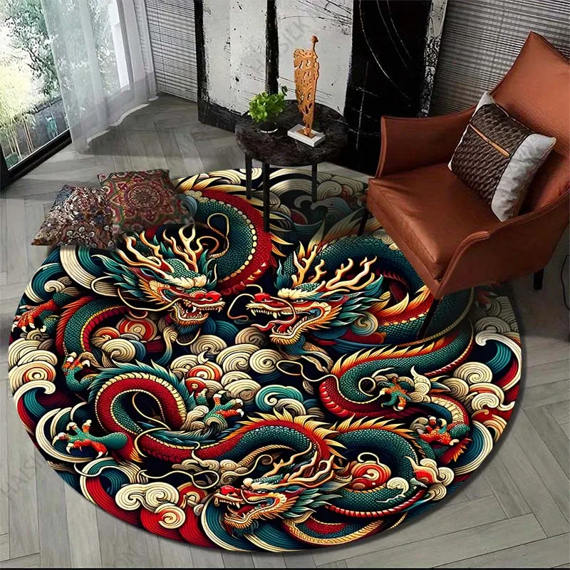 Oriental Dragon Print Round Carpet Suitable for Living Room Bedroom Carpet Flannel Non-slip Carpet, Sofa Chair Creative Door Mat