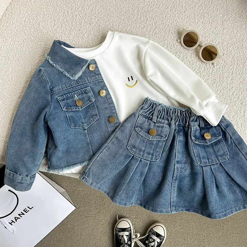 2-8 year old girl's denim set with retro lapel long sleeved denim jacket+pleated skirt cover girl's fashionable and trendy set