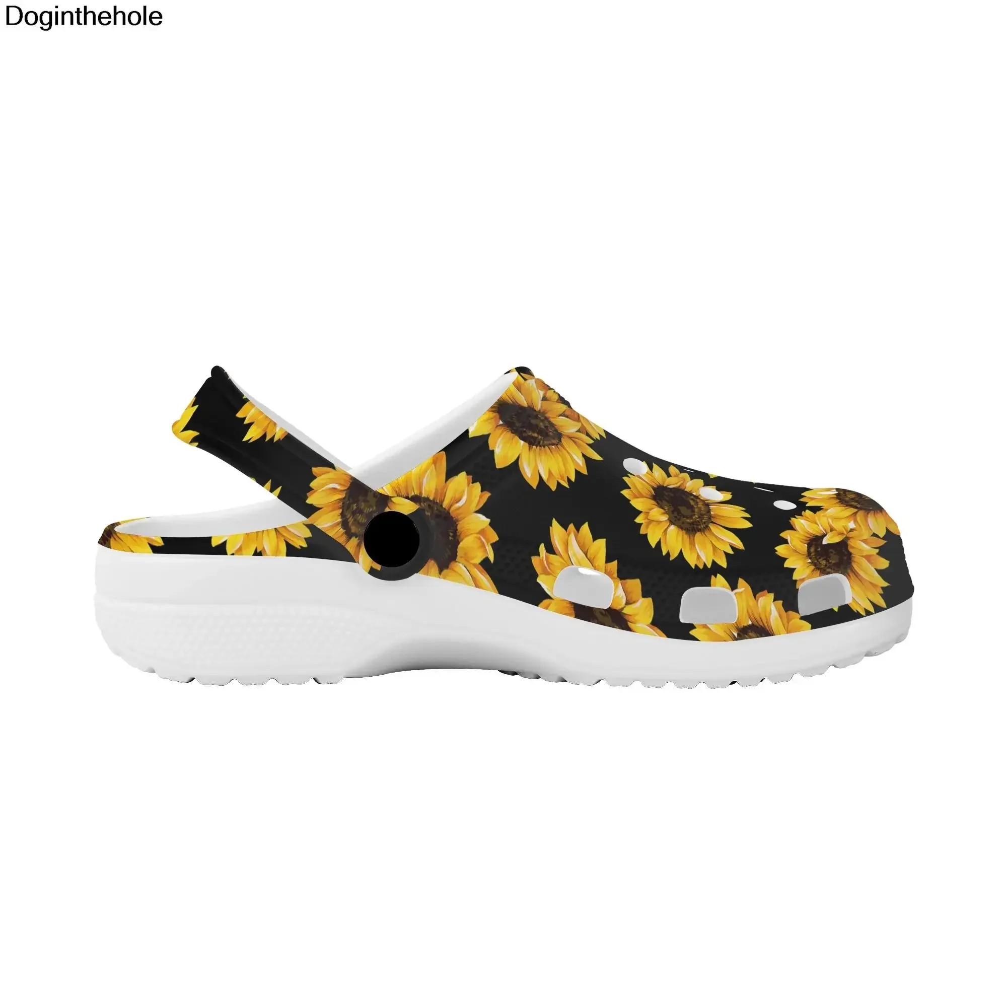 Zapatos con agujeros para mujer, sandalias informales con estampado de girasol, antideslizantes, ligeros, transpirables, para la playa y el hogar