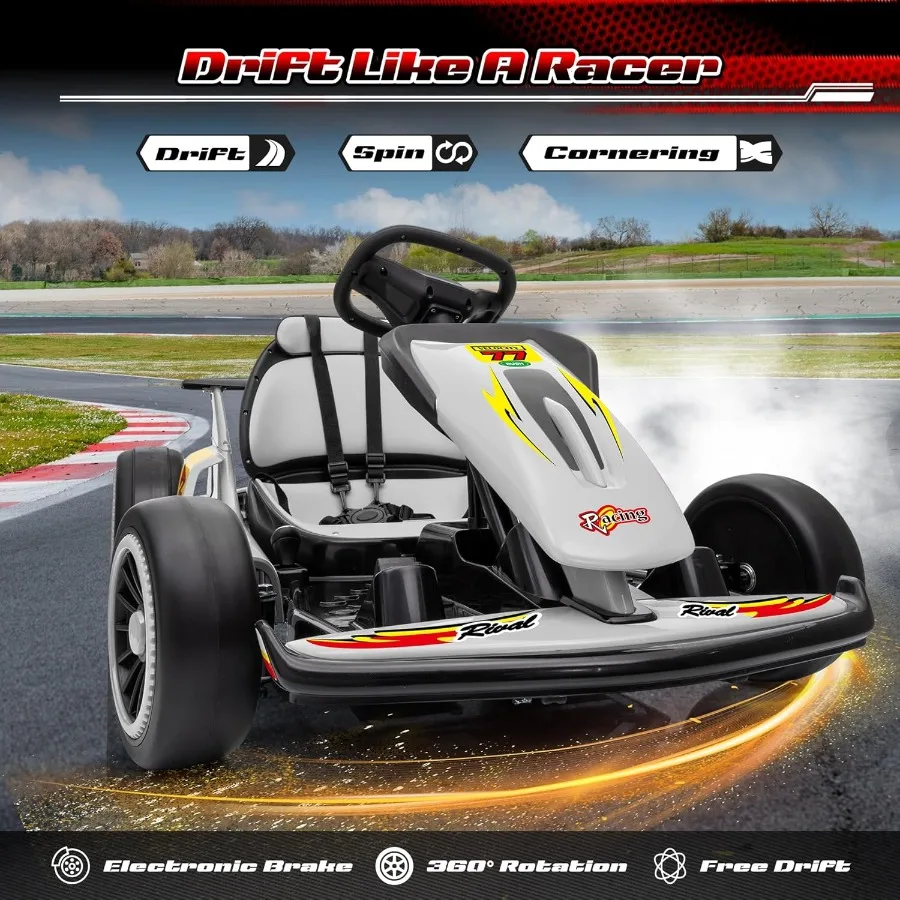 عربة الذهاب الكهربائية 24 فولت للأعمار من 6 إلى 12 عامًا مع إطارات EVA رمادي 400 وات أقصى سرعة 8.1 ميلا في الساعة موسيقى عالية/منخفضة السرعة USB ركوب خارجي سريع الانجراف