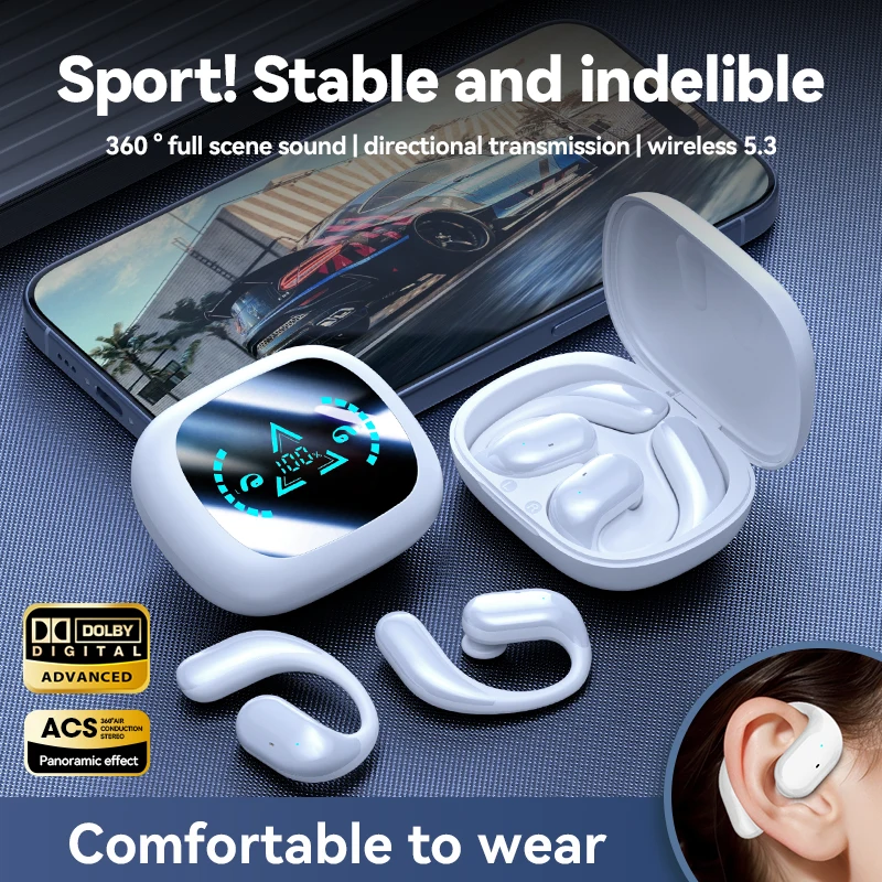 Ear Mounted Bluetooth Wireless Earphones Mirror Digital Display Noise Cancelling Earbuds Waterproof Sweat-proof Sports Headphone