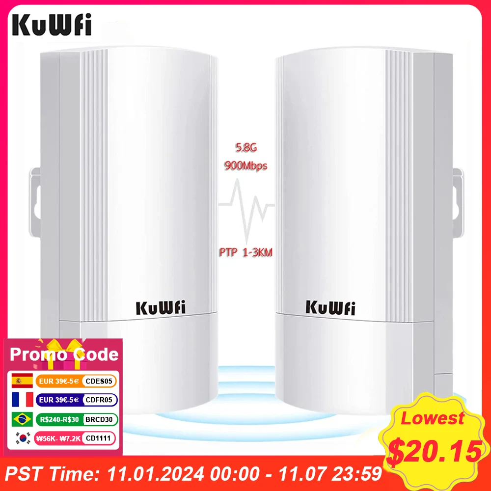 

KuWFi 5.8G Wireless Bridge 900Mbps WiFi Outdoor CPE PTP Long Range with 24V PoE Power IP65 Waterproof AP+Repeater Mode 1-3KM