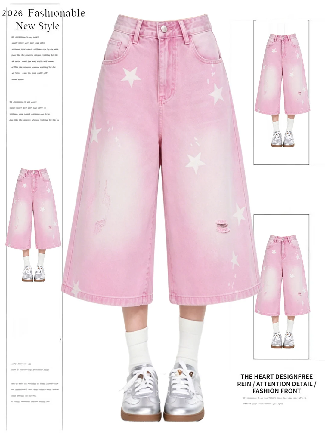 

Dopamine Pink Star Washed Denim Wide Leg Seven-Foot Pants Women's Summer New Loose Fit Casual Shorts High Waist Jeans