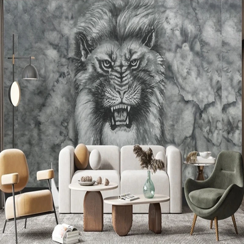 MU8703 New Chinese-style ink-wash modern marble high-definition lion background wall painting
