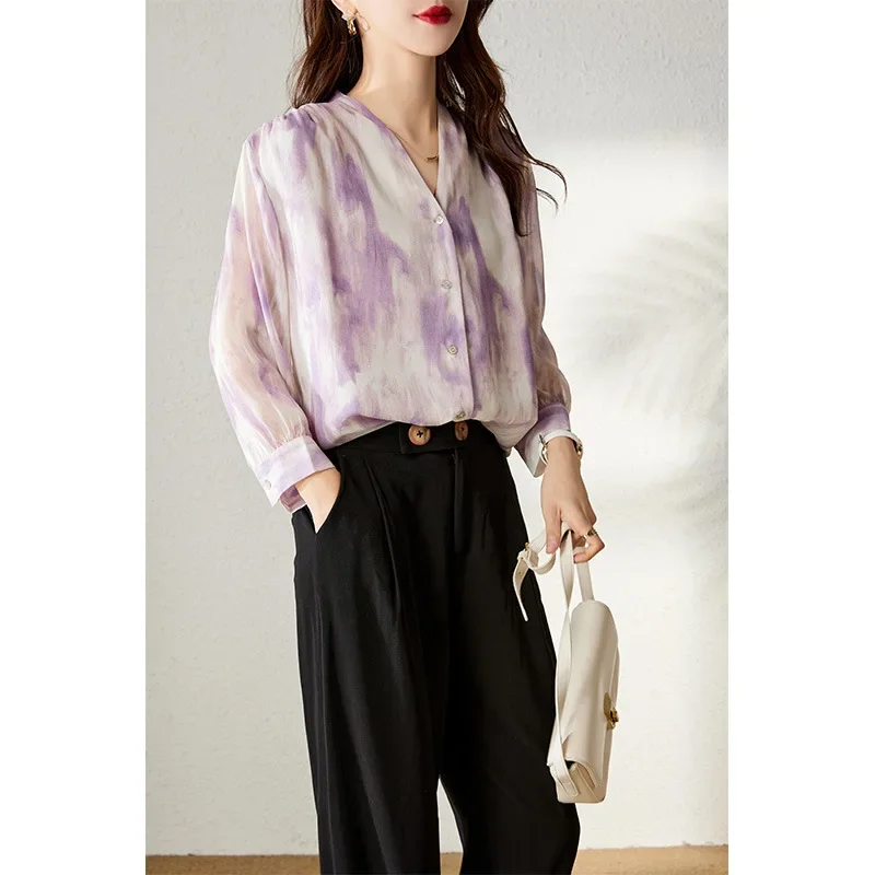 

100% Real Mulberry Silk Shirt Summer Shirts For Women Clothing Elegant Feminine Shirts 23 Women's Long Sleeve Top Blusas Mujer