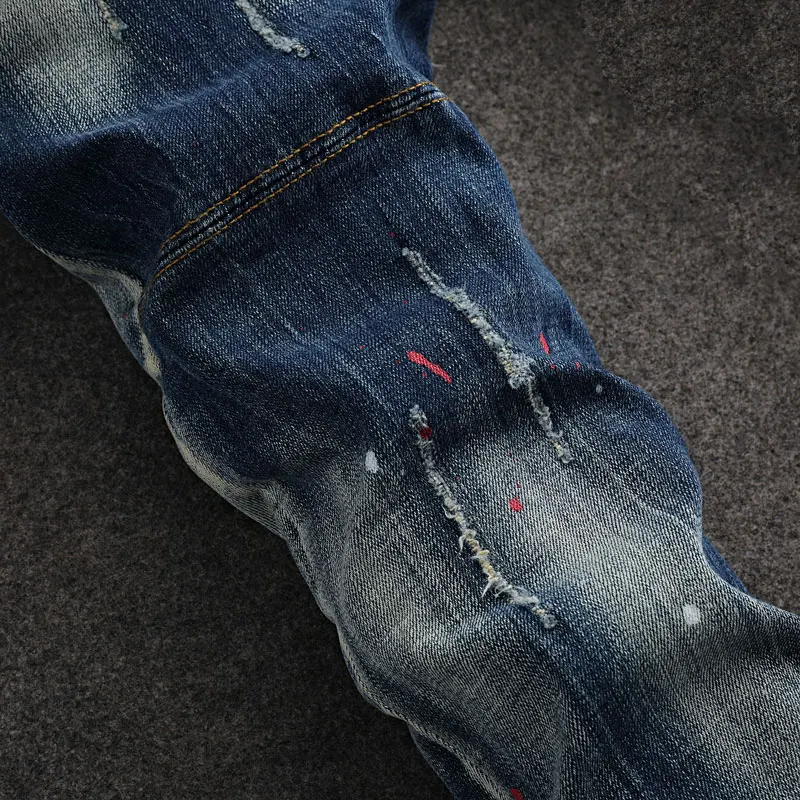 Street Fashion Designer Men Jeans Retro Blue Stretch Slim Fit Spliced Painted Ripped Jeans Men Y2K Hip Hop Vintage Denim Pants