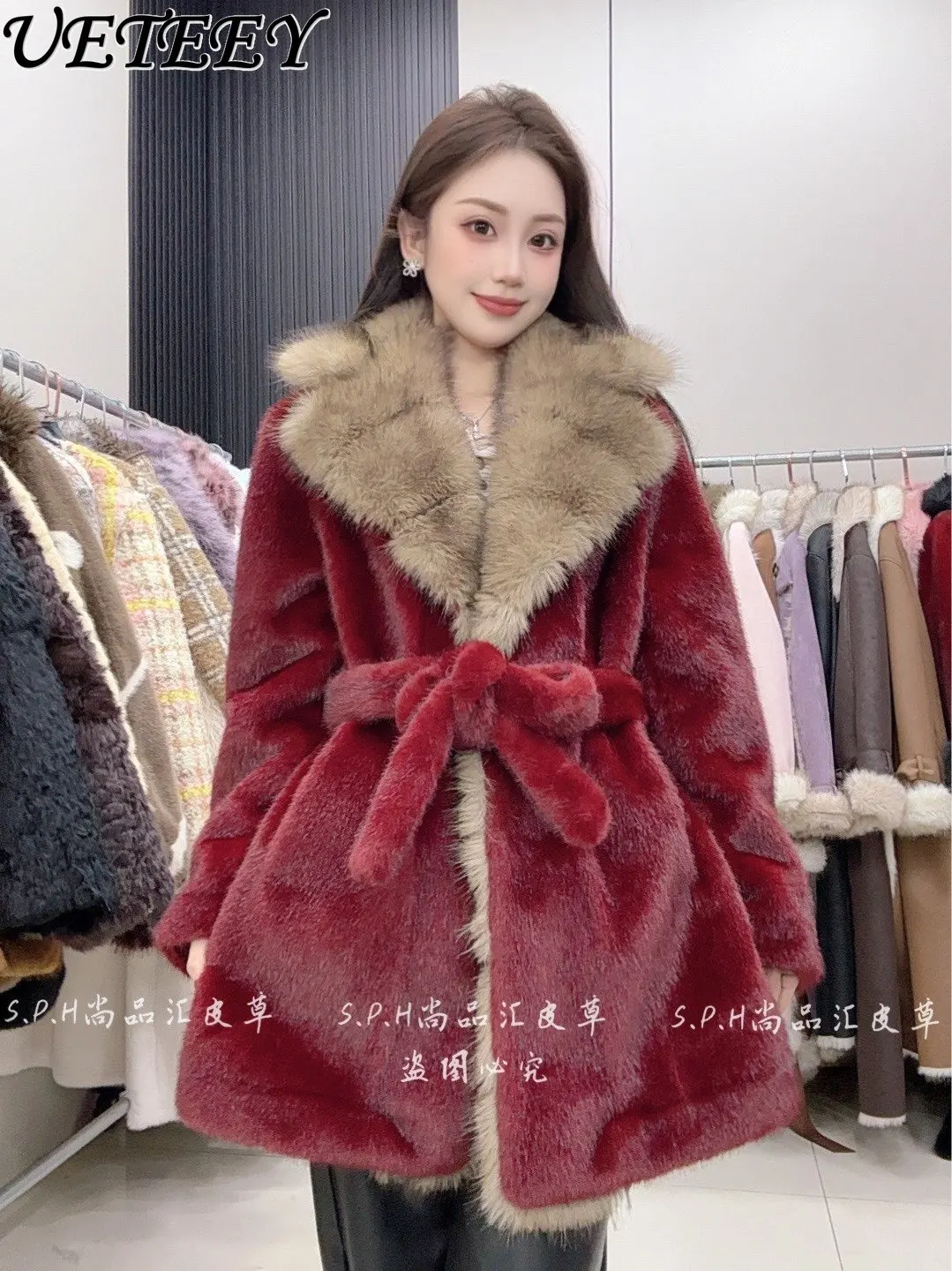 Nowy damski płaszcz z imitacji futra, średniej długości, sznurowany, zimowy, modny, elegancki, uniwersalny, z dużym futrzanym kołnierzem, kurtka, okrycie wierzchnie.