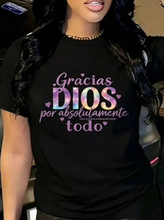2026 Fashion New Women Crew Neck Short Sleeve Cotton T Shirt Gracias Dios Graphic Print Regular Fit Daily Casual Everyday Style Basic Top Tee