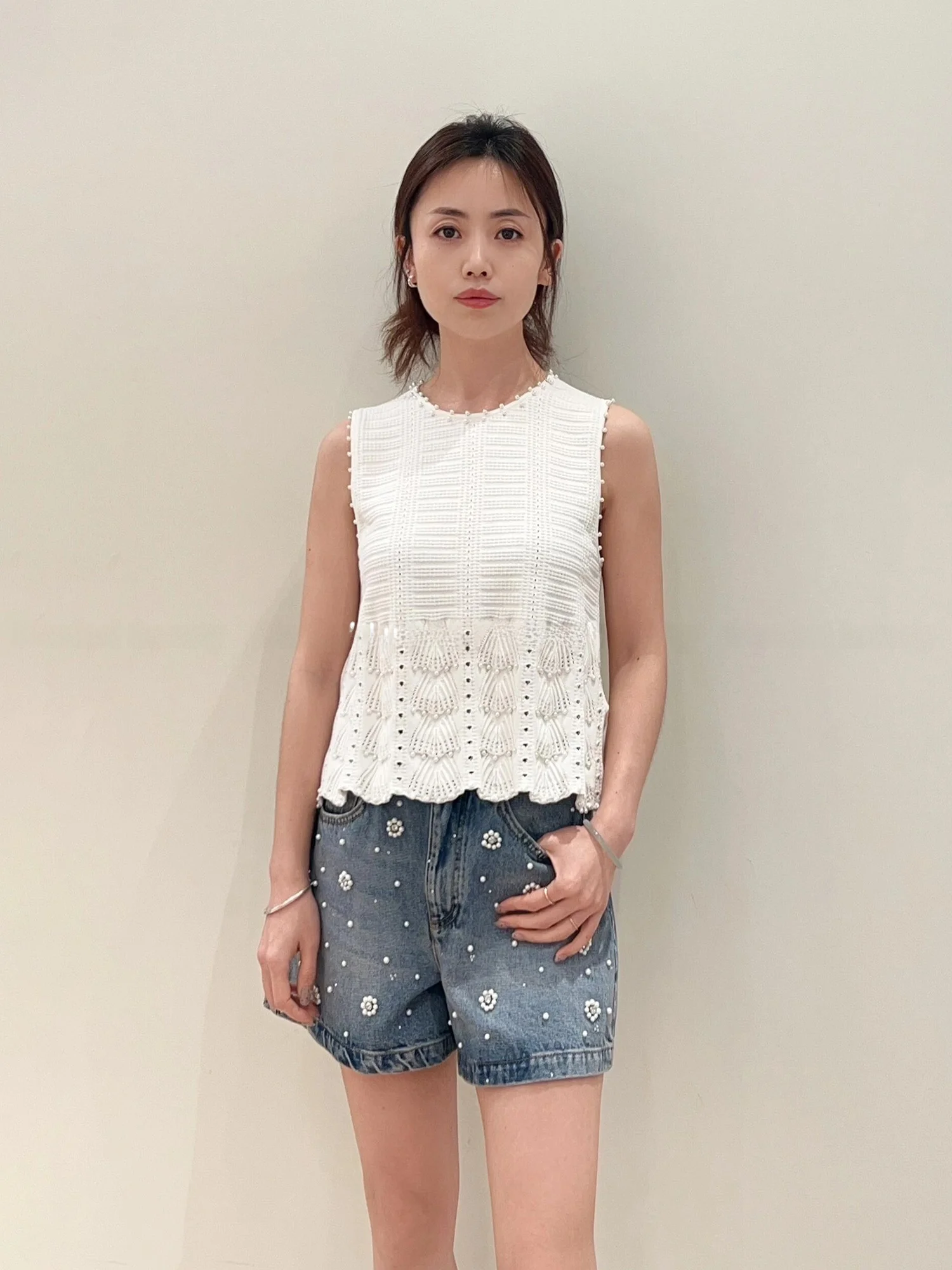

Faionable Summer Knit Top Pearl Embellied Svel ort Vest Ele Commute Sle Regular Fit Single Piece Chinese Pr...