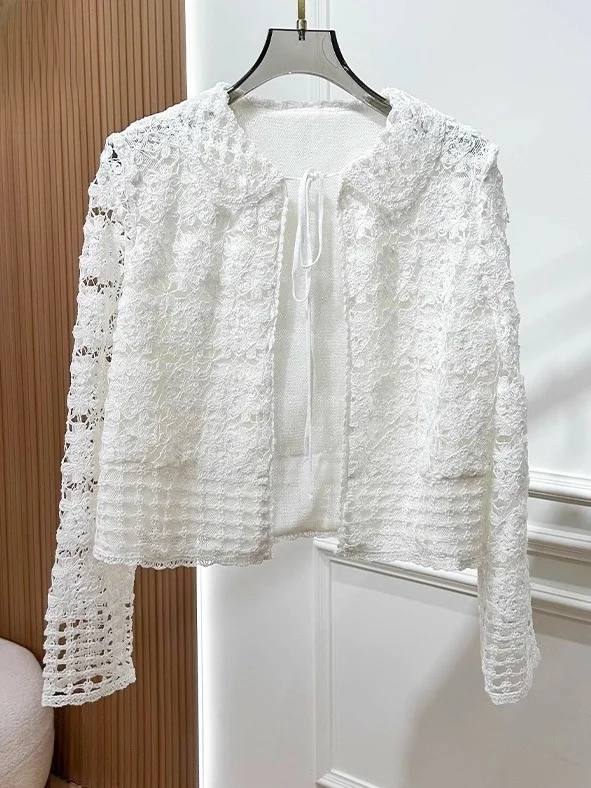 

Faionable Hollow out Knitted Cardigan round Ne Doll Collar Long Sve Women's Top Breathable Comfortable Cotton Material