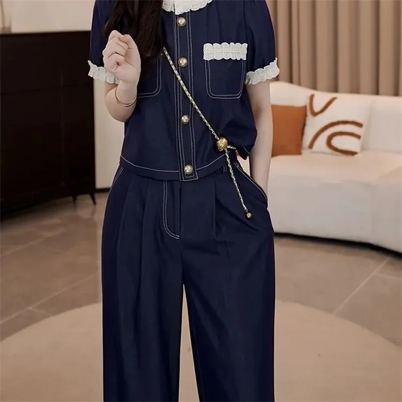 

Spring Summer Ladies Short Sleeve Pants 2PCS 2025 Female Tops Pantalons Two-piece Suit Korean Women Fashion Round Neck Trousers