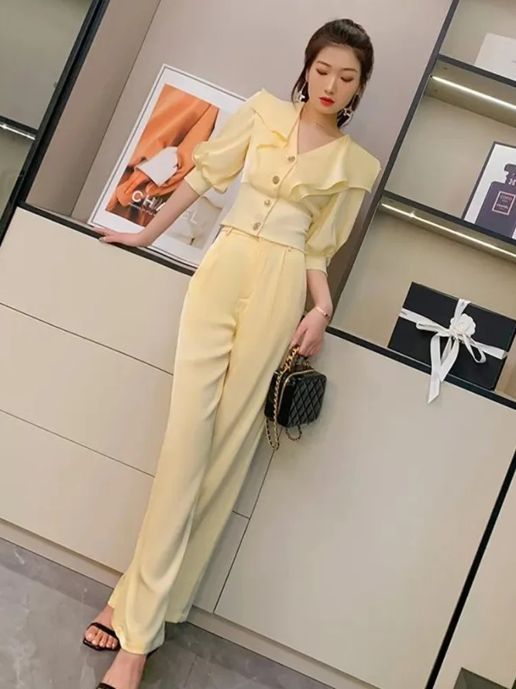 Wide Leg Trousers Woman Professional Shirt Office Spring Autumn Blouse and Pant Sets for Women 2 Pieces Wear To Work with Sleeve