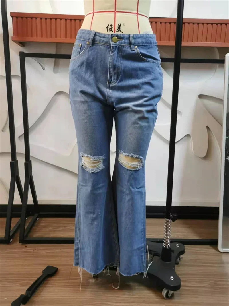 Women Knees Broken Holes Flared Jeans High Waist Denim Trousers Female Washable Floor-length Pants New Fashion Casual Streetwear