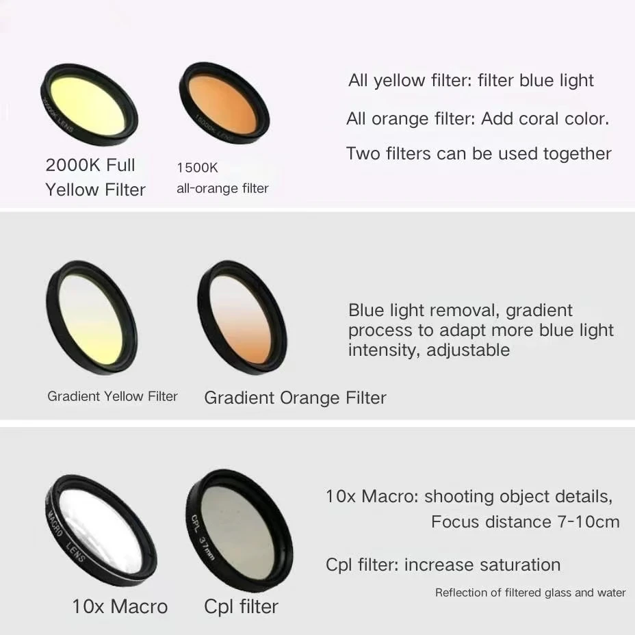 Aquarium Coral Fish Tank Blue Light 6-in-1 Set Phone Camera Lens Filter Macro Lens Yellow Orange Lens Filter Coral Reef Aquarium