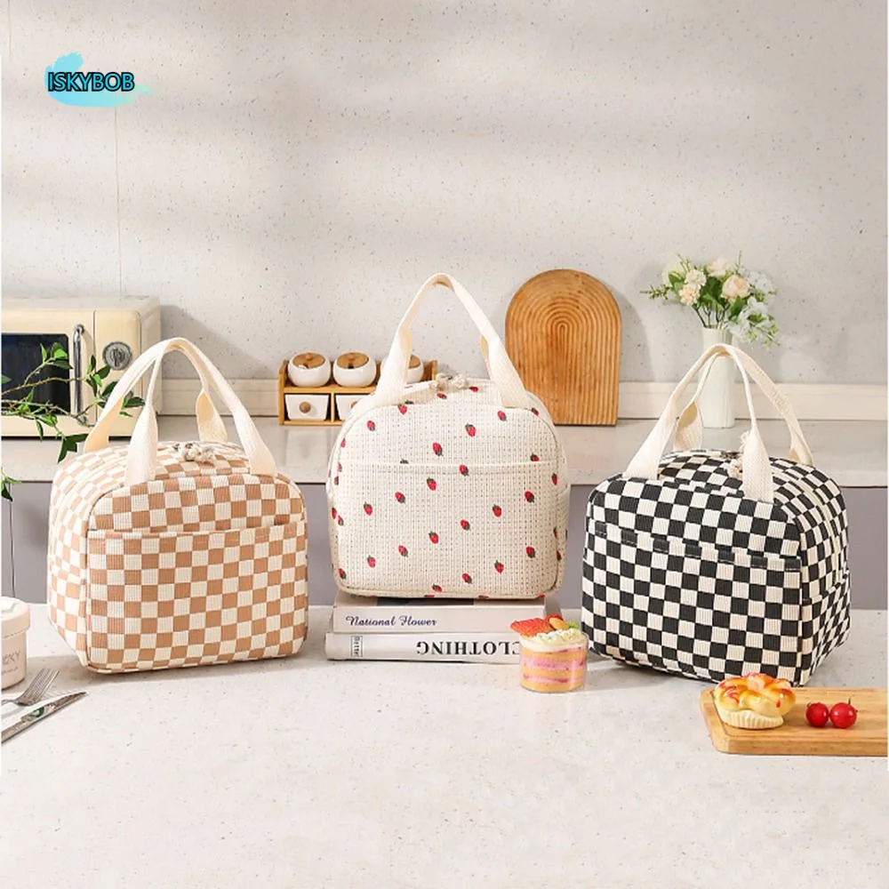 

Floral/Plaid Design Corduroy Lunch Bag Waterproof Handheld Insulated Lunch Tote Reusable Large Capacity Portable Lunch Bag