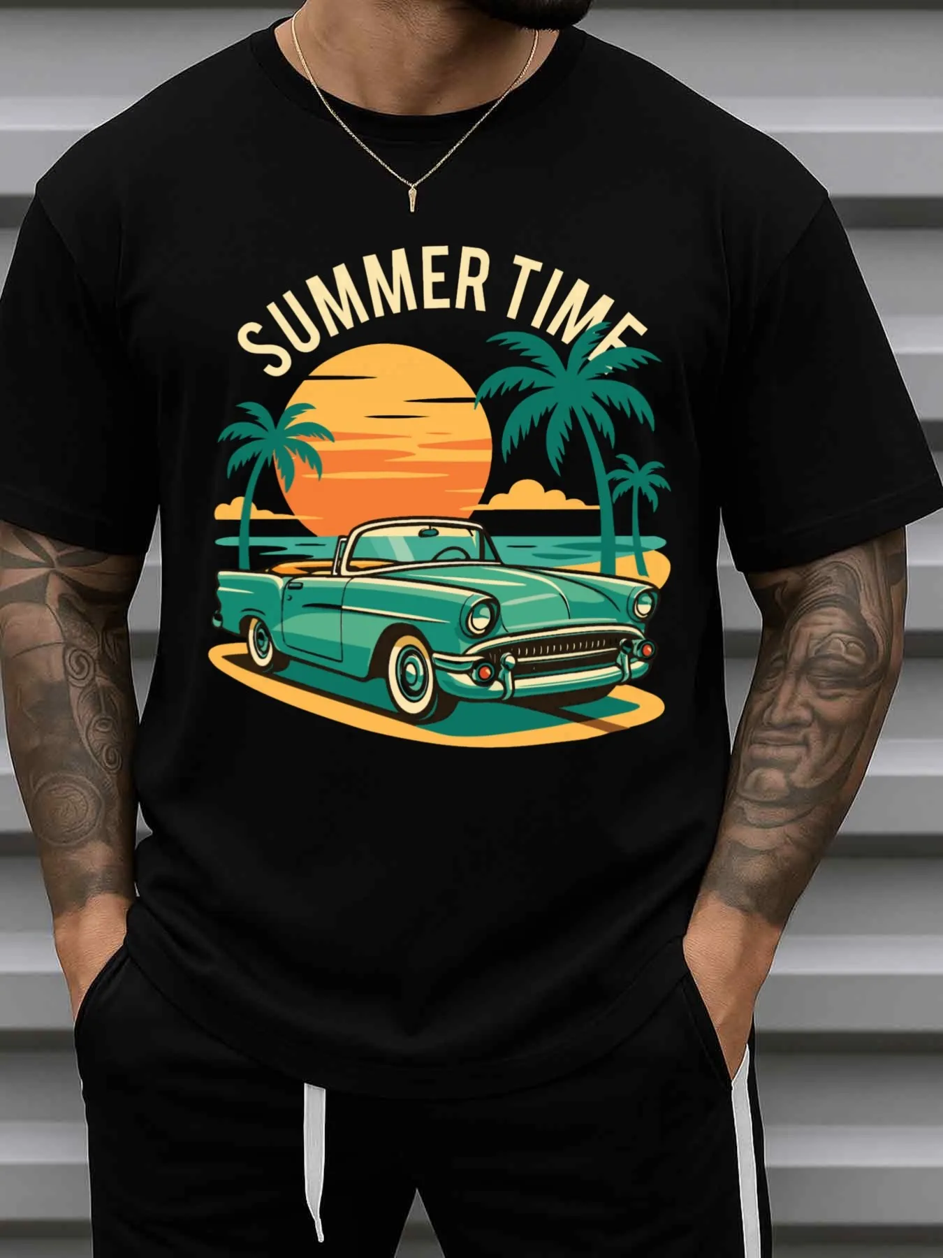 Men's Pure Cotton T-Shirt with Garage Graphic Print, Black Casual Short-Sleeve Crew Neck Shirt, Regular Fit Urban Style, Comfortable for All Seasons, Suitable for Motorcycle Riding and Everyday Wear