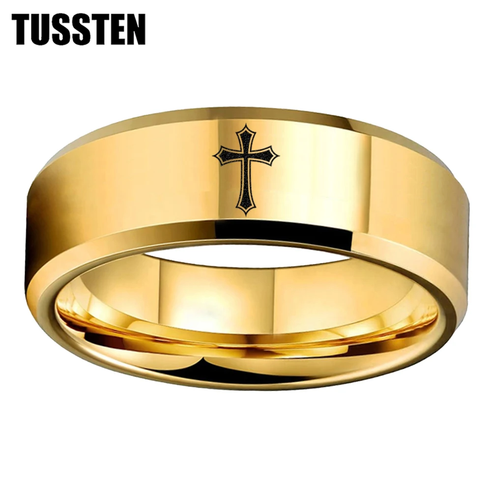 Dropshipping TUSSTEN 6/8MM Beveled Matte Tungsten Ring Laser Engraved With Cross For Comfortable Fit