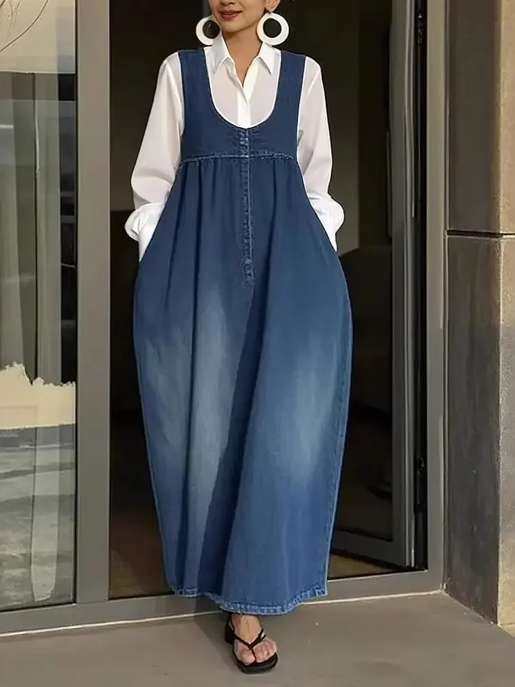 

Denim Summer Elegant Dress Women Fashion Square Collar Sleeveless Pocket Casual Maxi Dresses Ladies Street Loose Long Dress
