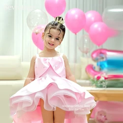 Sevintage Cute Baby Flower Dresses Bow Back Pink Puff Sleeves Birthday Gifts Wedding Dresses For Kids ropa de niña Customized