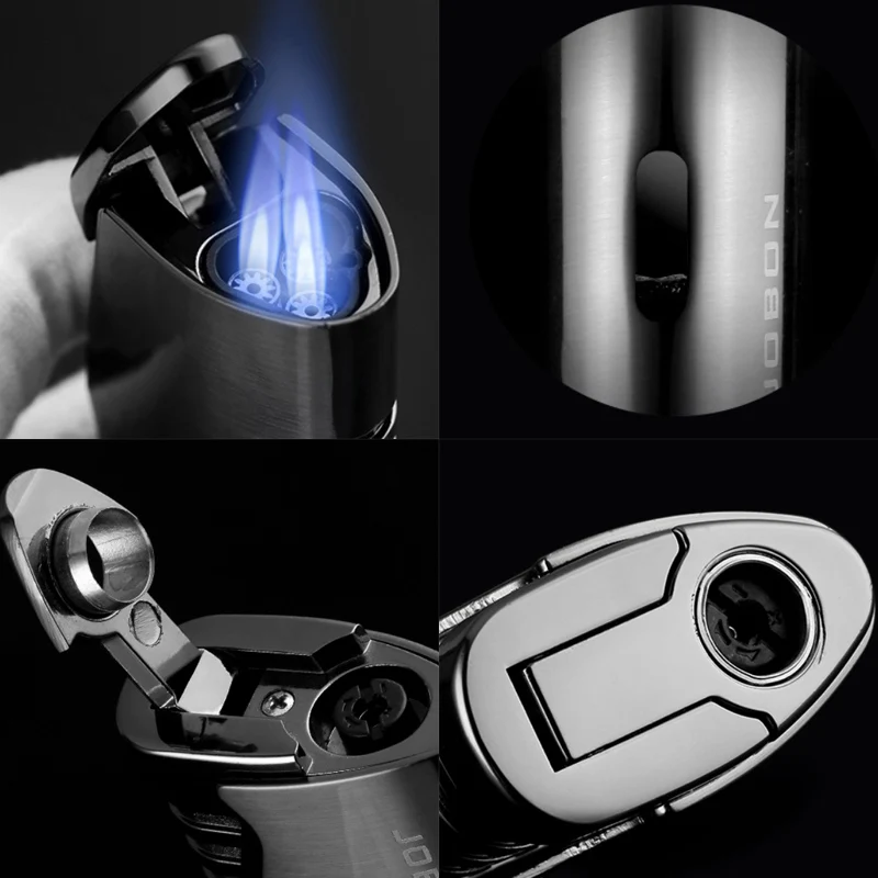 JOBON Metal Triple Torch Jet Lighter Pipe Lighter With Cigar Cutter Visible Gas Window Windproof Flame Lighter Gadgets For Men