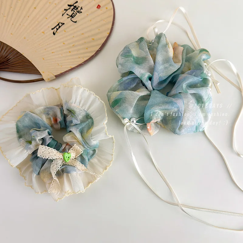 

Мягкий тканевый синий градиентный шарф-бант для волос с кисточками для женщин, в стиле бохо, эластичные резинки для хвоста, милые аксессуары для волос