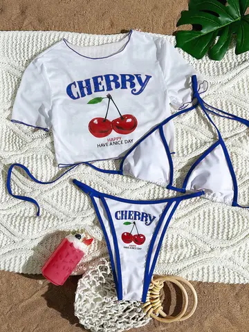 Cute Halter Bikini 3 Pieces Cherry Print 2026 Sexy & Fresh Feeling Bathing Suit Three-Piece Swimsuit Dark Blue Beach Swimwear