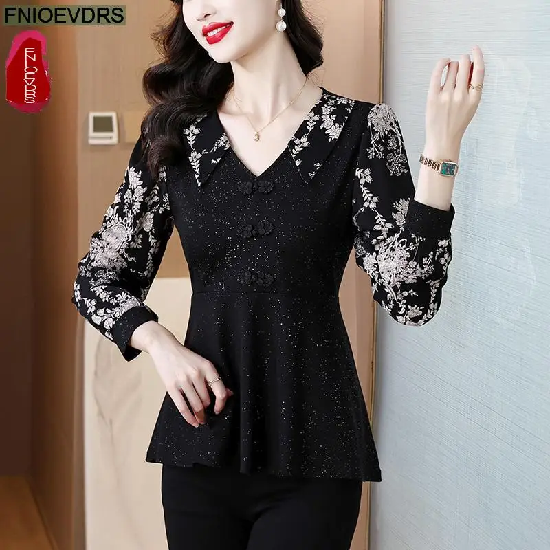 Loose Clothes Women 2024 Autumn Elegant Office Lady Button Shirts Casual Retro Vintage Ruffles Tunic Black Peplum Tops Blouses