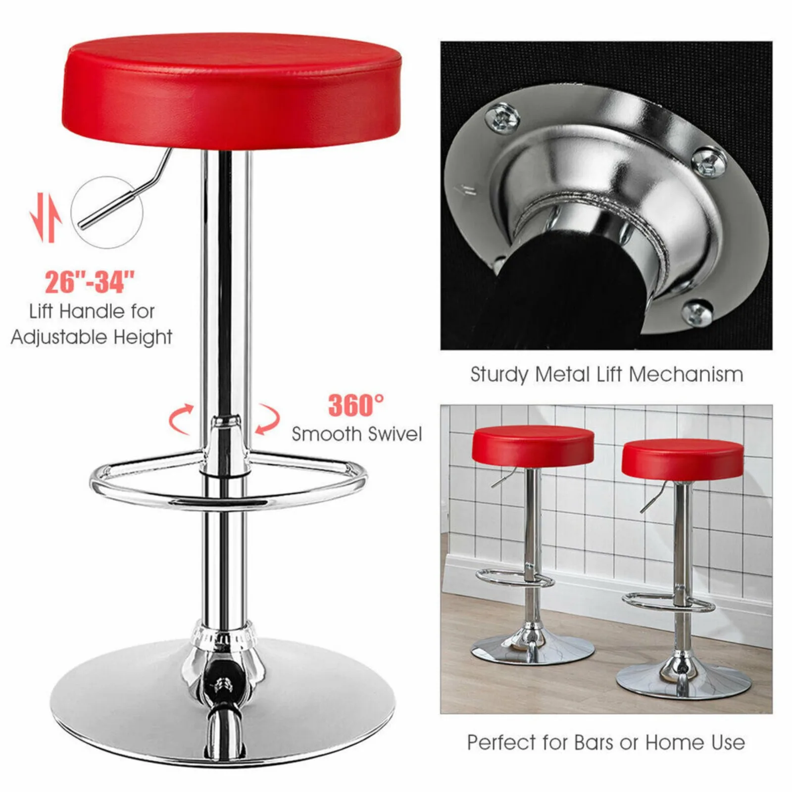 US 2PCS Adjustable Swivel Bar Stool PU Leather Kitchen Counter Bar Chairs Red