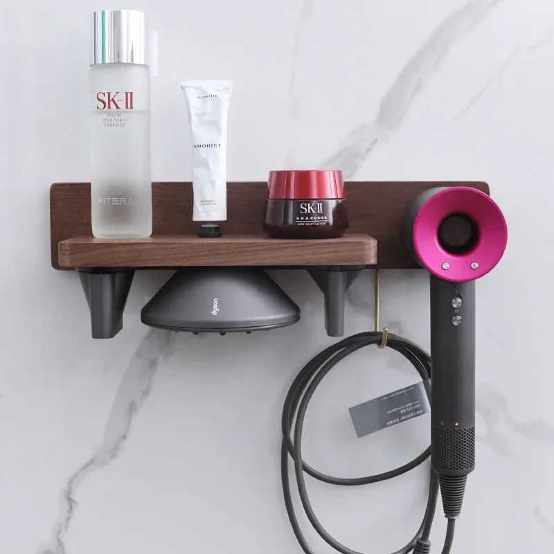 

Rustic Walnut Wood Wall Mounted Hair Dryer Organizer Durable Magnetic Holder Easy to Install Bathroom Storage for Dyson