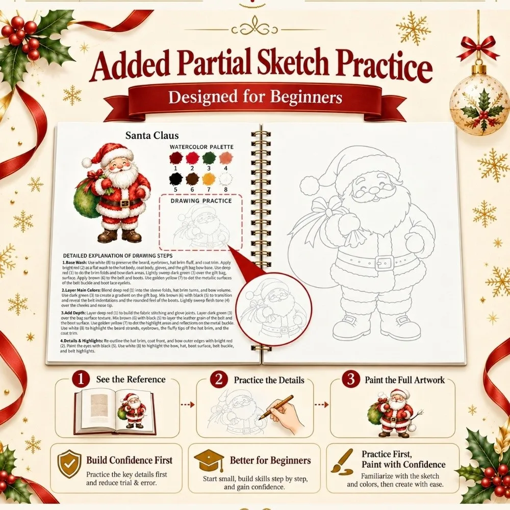 Christmas Themed Christmas Watercolor Workbook Spiral Bound with Line Drawing Watercolor Practice Book Gold Foil Cover