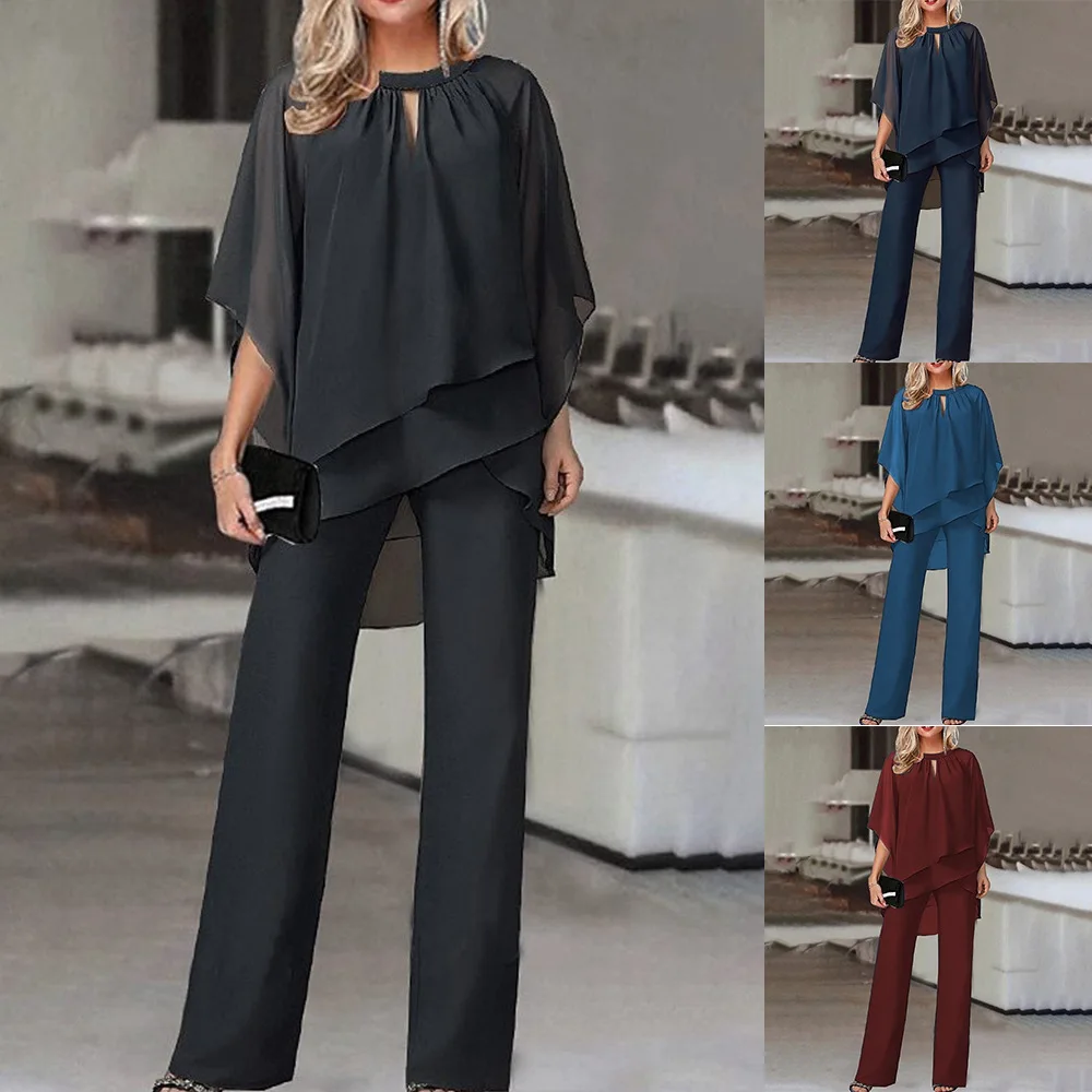 

elegant Women 2 Piece Set Batwing Sleeve Irregular Tops Straight Pants Outfits Autumn Clothes Plain Color Two Piece Matching Set