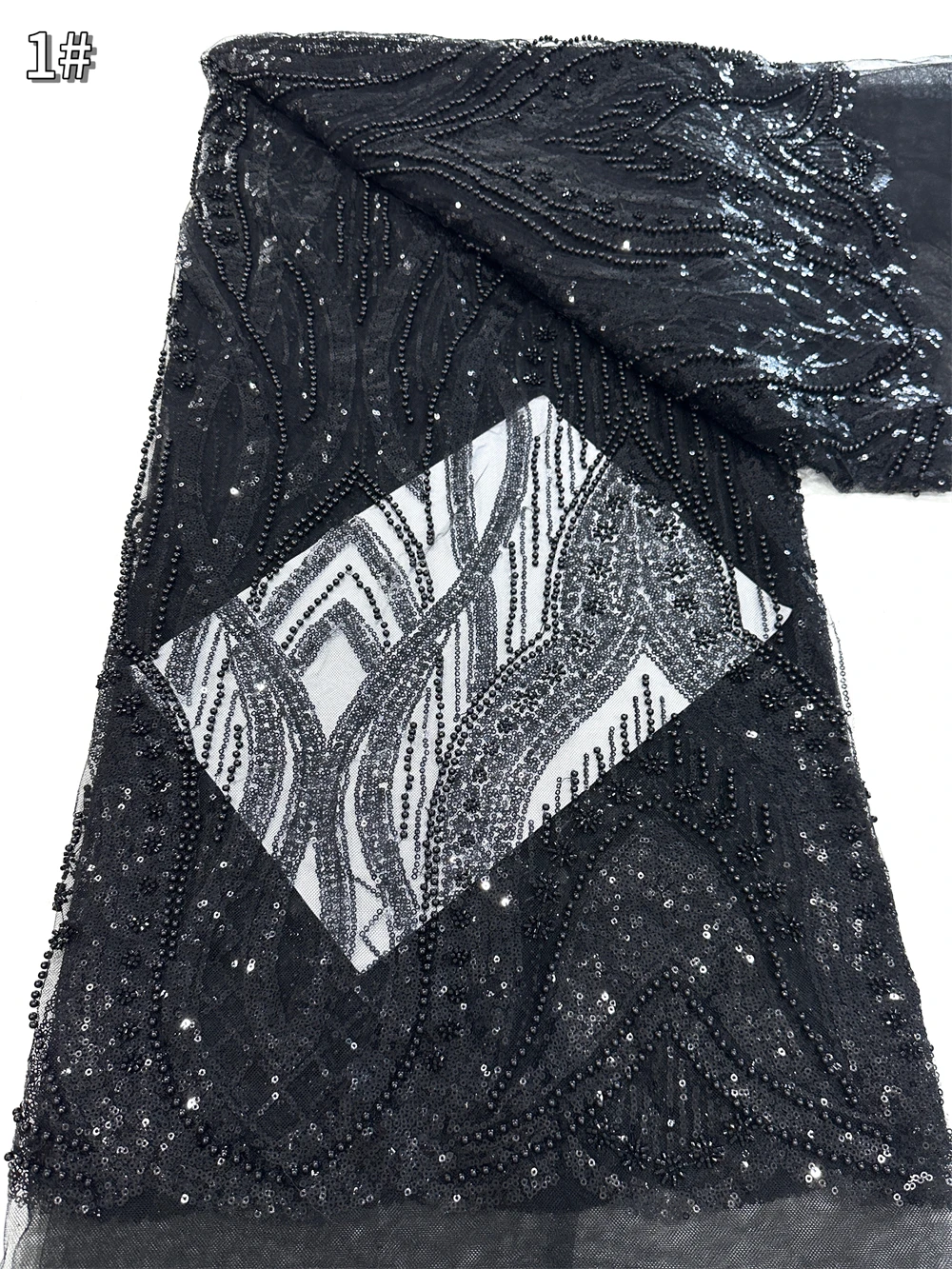 

African Sequins Lace Fabrics Black 5 Yards High Quality French Nigerian Groom Beaded Lace Fabric For Sewing Dress Wedding Party
