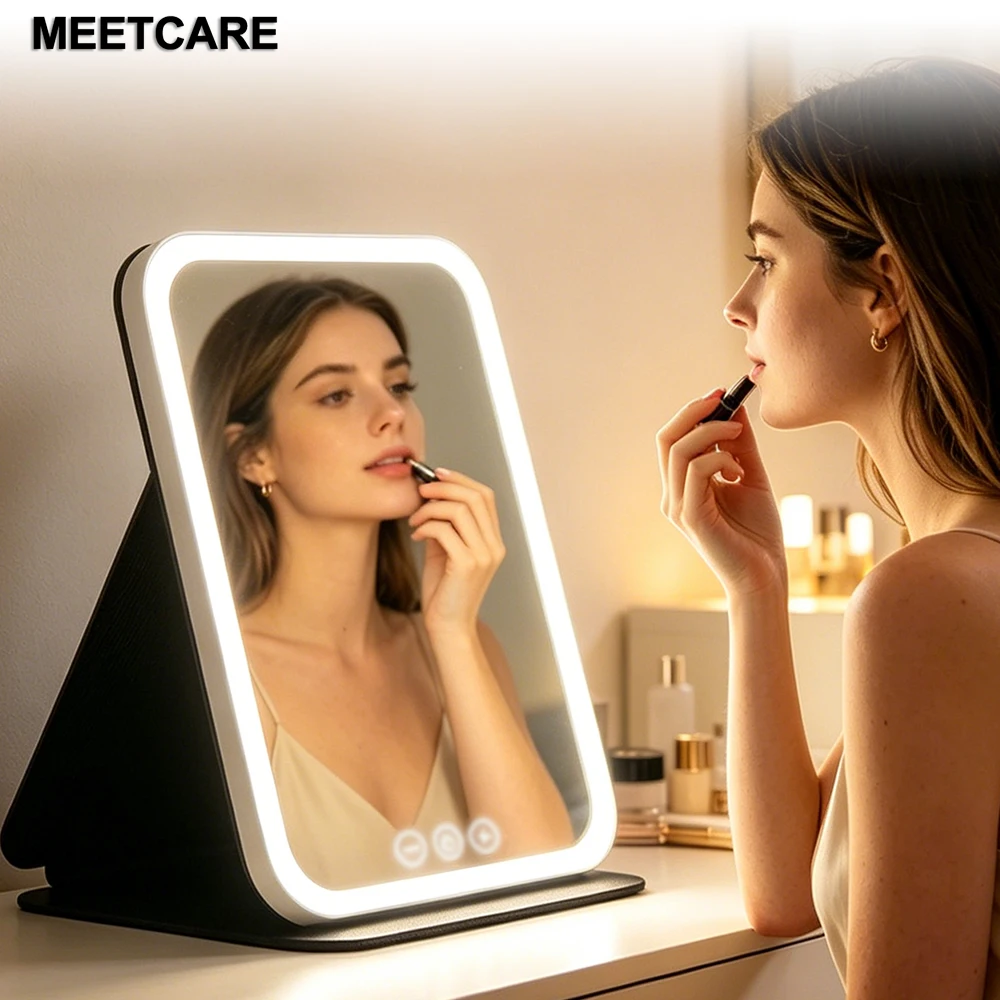 LED Makeup Mirror 3 Colors Dimmable Lights Touch Control USB Charing Fold Tabletop Vanity Mirror for Bedroom Bathroom Travel