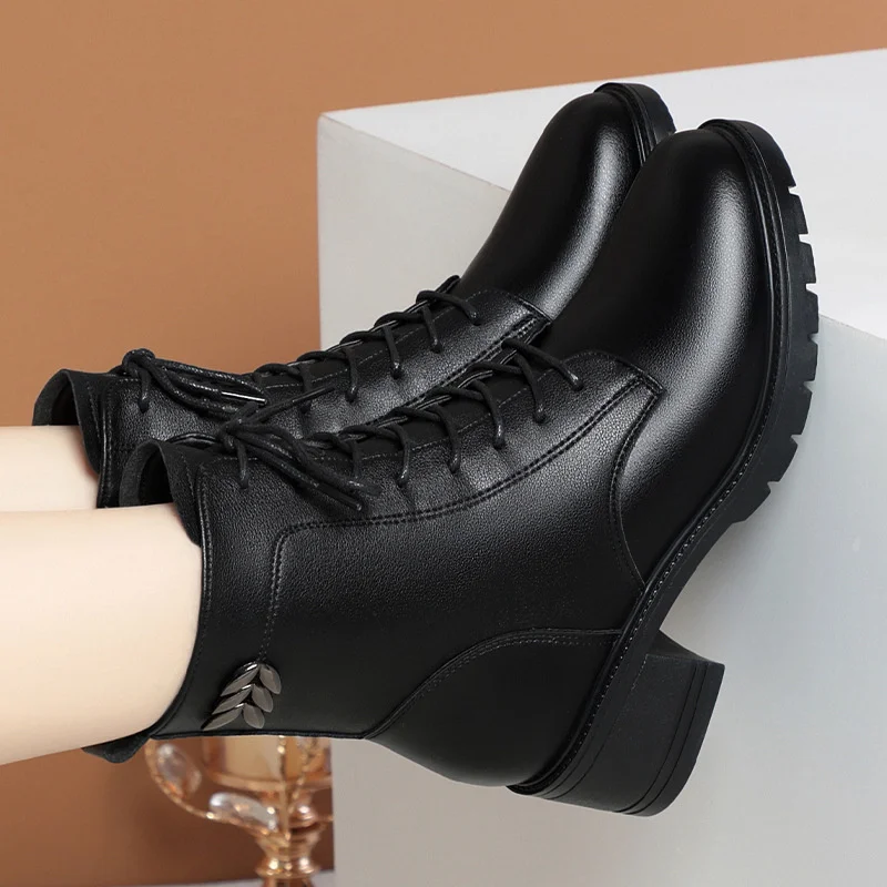 Autumn Winter Women Thick Heel Soft Leather Boots Thick Wool Warm High-heeled Boot Velvet Warm Snow Short Boots